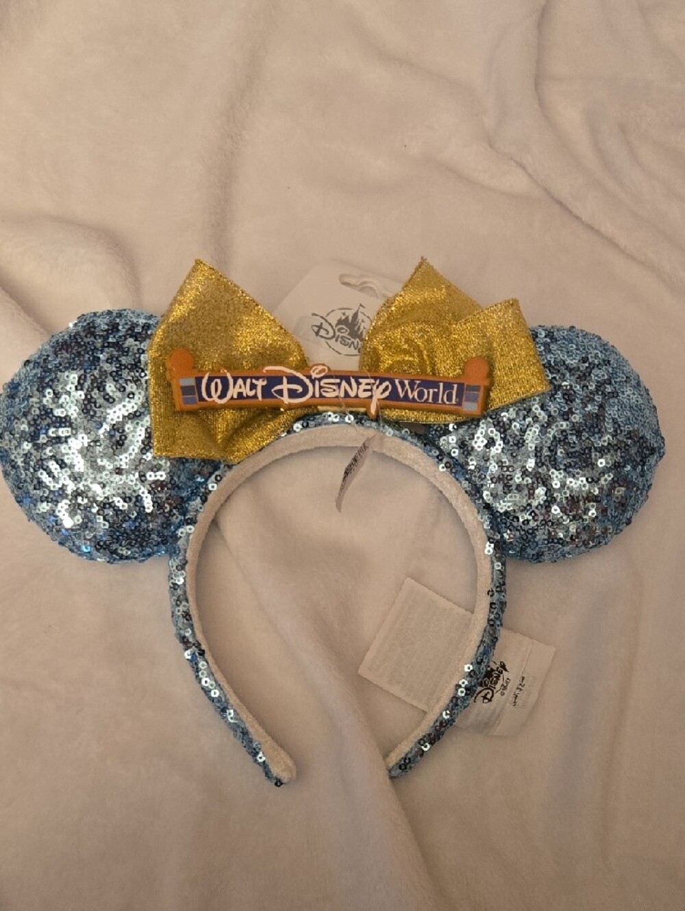 Disney Light Blue Sequin Minnie Ears Headband with Gold Bow - Picture 3 of 4